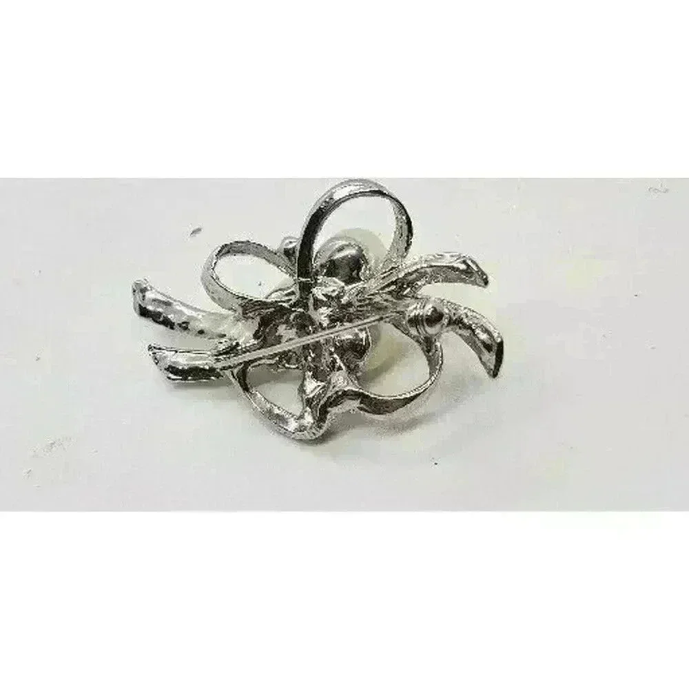 Vintage Brooch Faux Pearl Cluster & Rhinestone Ribbon & Bow Silver